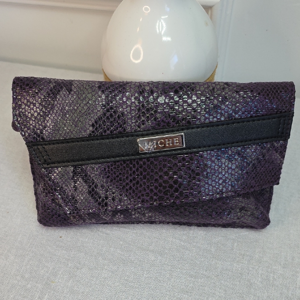 Miche Purple Snakeskin-Textured Clutch with Black Trim